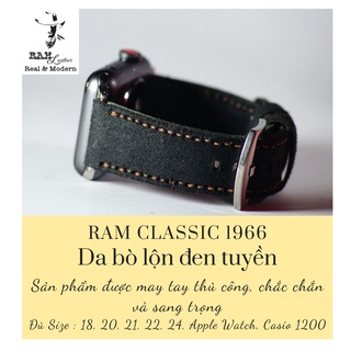 Dây apple watch da bò thật đen tuyền handmade bền chắc cực đẹp RAM Leather classic 1966 - tặng khóa chốt và adapter