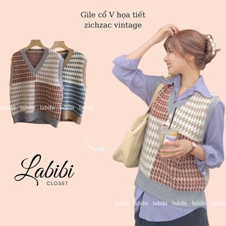 Áo Gile Len Cổ V Họa Tiết Zichzac Vintage, Labibi