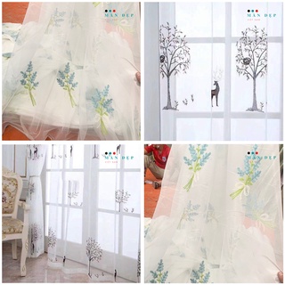 Rèm voan cửa sổ trang trí hoạ tiết cây tùng, hoa oải hương sang trọng