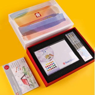 Màu nước nén Sakura Petit hộp 24 màu bản giới hạn đặc biệt kèm cọ vẽ water brush, pallete, giấy vẽ 20 tờ, set bút line