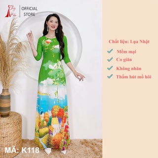 Áo dài truyền thống thiết kế may sẵn cách tân nữ tết nền xanh phong cảnh K118 Thúy Kiều mềm mại co giãn áo dài giá rẻ