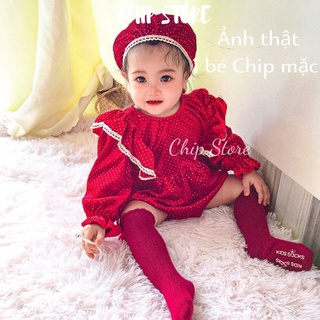 Body dài tay bé gái màu đỏ nhung cao cấp CHIP STORE Tặng kèm nón vớ giữ ấm chân, mặc đầy tháng, Noel, Tết đều xinh