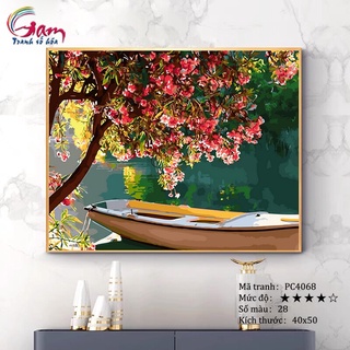 Tranh tô màu theo số sơn dầu số hóa Gam phong cảnh hồ nước nắng sớm PC4068