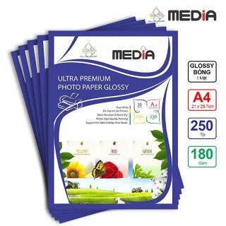 Bộ 5 xấp giấy in ảnh Media 1 mặt bóng A4 180gsm 50 tờ x5