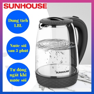 Ấm siêu tốc thuỷ tinh trong suốt Sunhouse SHD1215 dung tích 1.8L, tự động ngắt điện khi nước sôi, công suất 1800W