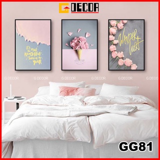 Tranh treo tường canvas khung gỗ 3 bức phong cách hiện đại Bắc Âu tranh hoa hồng trang trí phòng khách phòng ngủ spa 81