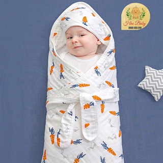 Chăn ủ choàng quấn xô 4 lớp có mũ có đai Muslin hàng cao cấp cho bé