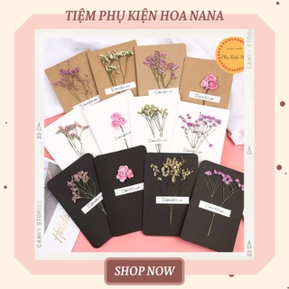 [Set 5 chiếc] Thiệp giấy Karft gắn hoa khô phong cách Vintage thích hợp mọi dịp lễ trong năm