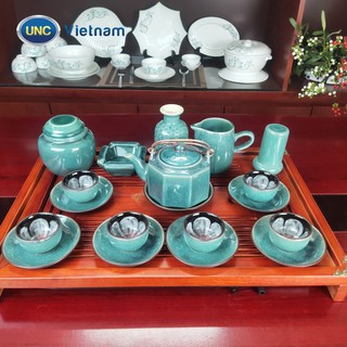 Bộ Bình Trà Men Hỏa Biến UNC Việt Nam - Dáng lục giác 400ml, màu đá cẩm thạch, quai đồng, vẽ hoa sen