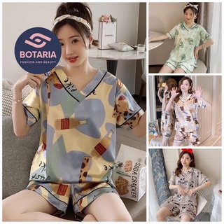 Bộ Quần Áo Cộc Tay Hè Cao Cấp Chất Lụa Mát Hoạ Tiết Dễ Thương Botaria