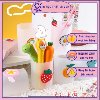 (Mẫu mới) Ống đựng bút nhựa để bàn, ống cắm bút đa năng màu trắng hoạ tiết hoạt hình