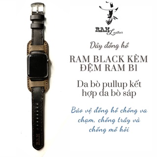 Dây apple watch da bò đen handmade bền chắc cực đẹp RAM Leather bundstrap b1 black - tặng khóa chốt và adapter