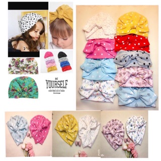 Nón thun trùm đầu nơ turban vải thun họa tiết cho bé gái sơ sinh từ 6-24 tháng tuổi