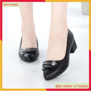 Giày cao gót ❤FREESHIP❤ giày công sở nữ hàng VNXK chất da mềm lót êm chân đế vuông 4 phân đính nơ - BB24