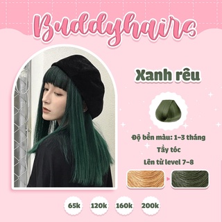 Thuốc nhuộm tóc XANH RÊU/RÊU SÁNG cần dùng Thuốc tẩy tóc Buddyhairs tặng kèm găng tay mũ trùm tiện ích