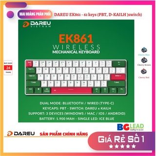 Bàn phím cơ không dây |Bàn phím bluetooth DAREU EK861 61KEY (PBT, Blue/ Brown/ Red D-KAILH switch) - Mai Hoàng bảo hành