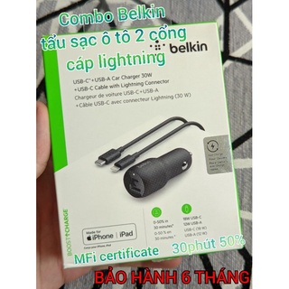Combo Tẩu sạc ô tô xe hơi Belkin 30w 2 cổng và cáp lightning 1.2m MFi - Hàng chính hãng F7U100