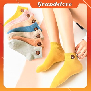 Vớ tất nữ cổ ngắn nhiều màu họa tiết hình gấu Brown thun cotton co giãn thoáng khí thấm hút mồ hôi, dớ chân nữ cổ thấp