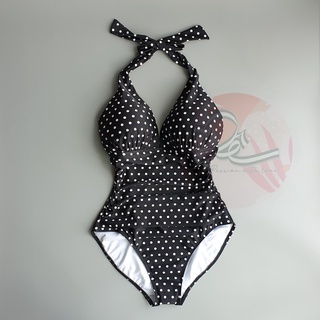 Bộ bơi một mảnh cổ V hoạ tiết chấm bi đen trắng Ral Lau xuất khẩu Mỹ