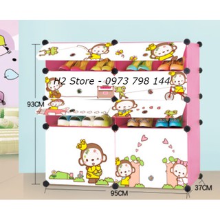 TỦ NHỰA ĐỂ GIÀY DÉP LẮP GHÉP ĐA NĂNG 2 Ô TO + 6 Ô NHỎ MÀU HỒNG CỬA KHỈ DỄ THƯƠNG SIZE 47CM
