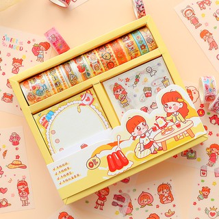 Hộp gồm: Sticker dán 10 tờ, 10 cuộn washi tape, 30 tờ giấy note