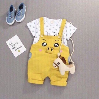 {Tặng áo} Set yếm bé trai-gái hình chú heo dễ thương từ 15-21kg. Chất thun cotton mát, yếm kaki mềm.