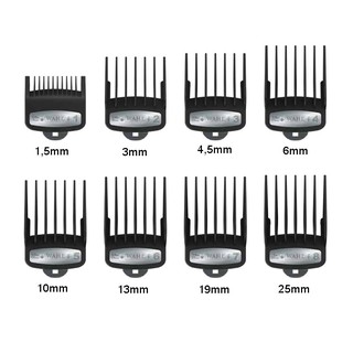Bộ cữ tông đơ WAHL 8 chiếc gá thép nhiều kích cỡ. Độ Dài Từ 1,5mm đến 25mm Đáp Ứng Đầy Đủ Nhu Cầu Thợ Tóc