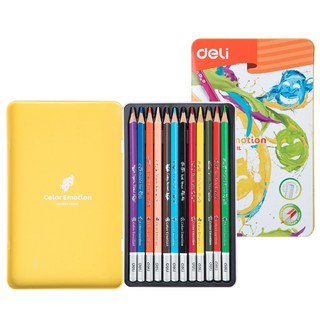 Bút chì màu học sinh hộp sắt thiếc Deli - thân tam giác hỗ trợ cầm nắm - 12/24/36 màu/hộp - EC00235 .