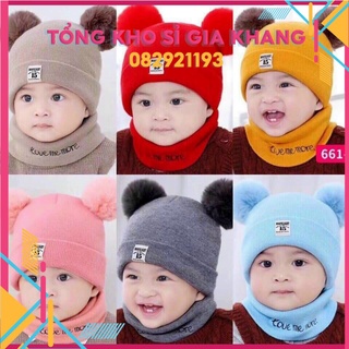sp 303 Set Mũ len hai quả bông kèm khăn ống siêu yêu cho bé