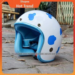 Nón bảo hiểm 3/4 bò sữa trắng lót xanh dương siêu cá tính - Mũ 3/4 bảo hiểm bò sữa màu trắng lót xanh dương