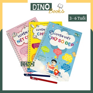 Bộ 3 Vở tập viết nét Lõm TỰ XÓA kèm bút tự bay màu cho bé luyện dễ dàng (2bút + 8ngòi + 2 định vị cầm bút)