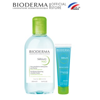Bộ nước tẩy trang và làm sạch công nghệ Micellar cho da dầu, mụn Bioderma Sebium H2O 250ml và Gel rửa mặt tạo bọt 45ml