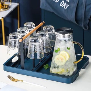 Combo Bình Vân quai vàng 1.6L và 6 cốc loe , giá úp đen khay gỗ xanh 33cm