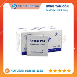 Hộp 100 miếng bông tẩm cồn khô sát trùng vết tiêm, vết chích máu.