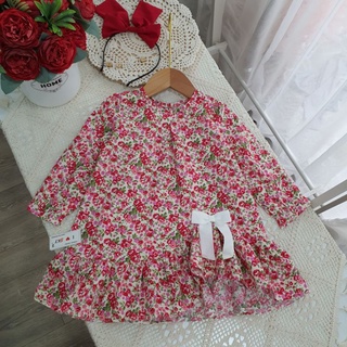 [Tặng kèm quần cotton]Váy đuôi cá điệu bé gái, váy hoa đỏ dài tay Thu xinh, váy dáng A dún gấu điệu cho bé gái