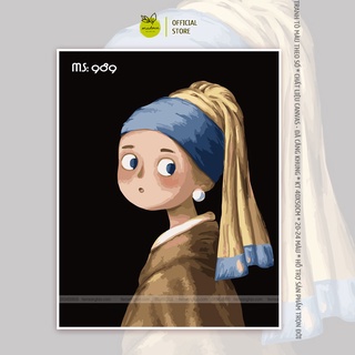 Tranh tô màu 40x50cm có khung thiếu nữ đeo ngọc trai T989