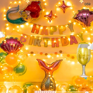 Bong Bóng Trang Trí Sinh Nhật Nàng Tiên Cá Chữ Happy Birthday Treo Có Đèn Led Kèm Ống Bơm