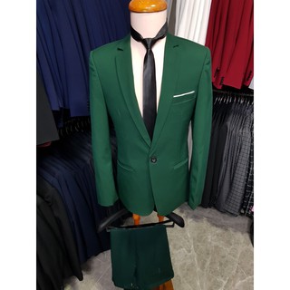Bộ vest nam form ôm body màu xanh rêu tặng kèm cà vạt nơ