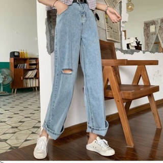 Quần Ống Rộng Dài Form To Chuẩn 2 Màu Suông - Quần Jeans Ống Rộng Rách 1 Gối/Trơn - Lưng Cao [Big Size Đại]