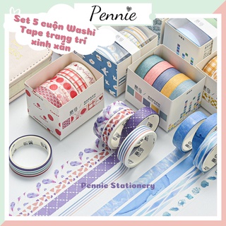 Washi tape Pennie set 5 cuộn dùng trang trí sổ tay planner decor bullet journal nhiều mẫu