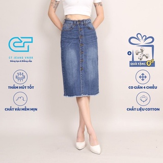 Chân váy jean nữ dáng dài nhiều khuy trơn lưng cao co giãn gấu tua CT Jeans