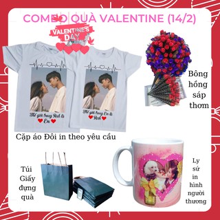 Combo Quà Valentine ( Ly sứ in theo yêu cầu, Cặp áo đôi,  hoa hồng sáp, thiệp, túi giấy đựng quà)