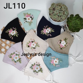 Khẩu trang thêu tay vải linen hình Hoa JL110