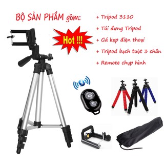 [HÀNG TỐT] Gậy Chụp Hình Tripod 3110 + Tặng kèm 1 Remote chụp hình + Tripod bạch tuột + 1 Gá kẹp điện thoại 001