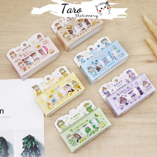 Hộp washi tape 5 cuộn băng dính W01 nhiều màu in họa tiết cute Taro Stationery