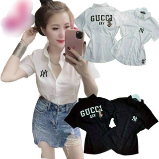 Áo sơ mi nữ tay ngắn in logo N-Y trước sau vải Cao cấp