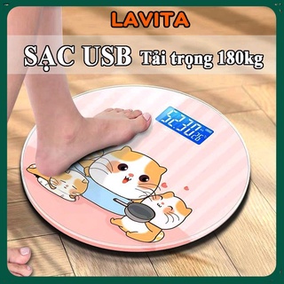 Cân Điện Tử Sức Khỏe Hình Ngộ Nghĩnh Dễ Thương Sạc Tích Điện USB Tải Trọng 180kg Hình Tròn Mặt Kính Cường Lực - LAVITA