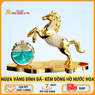 Tượng ngựa mạ vàng nước hoa đính đá Pha lê trang trí nhà cửa hoặc đặt taplo ô tô - Chất liệu: Hợp kim 450g