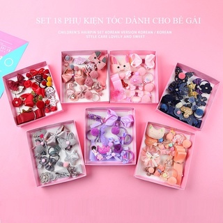 Hộp/Set kẹp 18 chi tiết nơ phong cách Hàn Quốc dễ thương cho bé gái