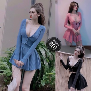 [MẪU MỚI] Set Áo Tay Dài Kèm Váy Có Quần Trong Chất Thun Gân Thích Hợp Mặc Đi Tiệc Đi Làm Đi Chơi